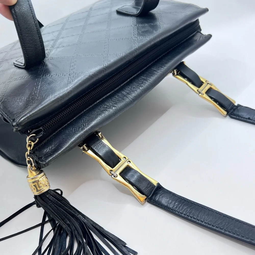 Authentic VERSACE Vintage Black Leather Zip Shoulder Bag Purse W/ Tassel